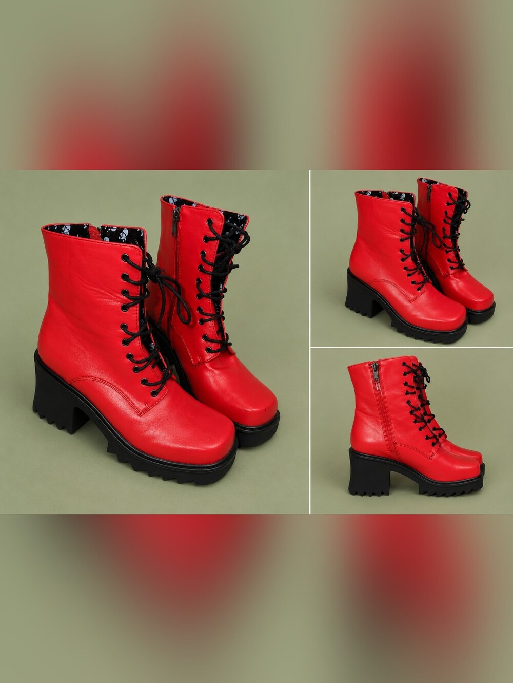 Red Lace-Up Platform Combat Boots - Women
